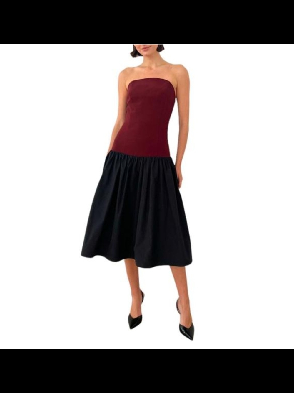 Amanda Uprichard Strapless Two-Tone Midi Dress in Burgundy and Black